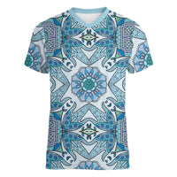 Indian Mandala Pattern Women V-Neck T-Shirt Blue Geometric Floral Mandala