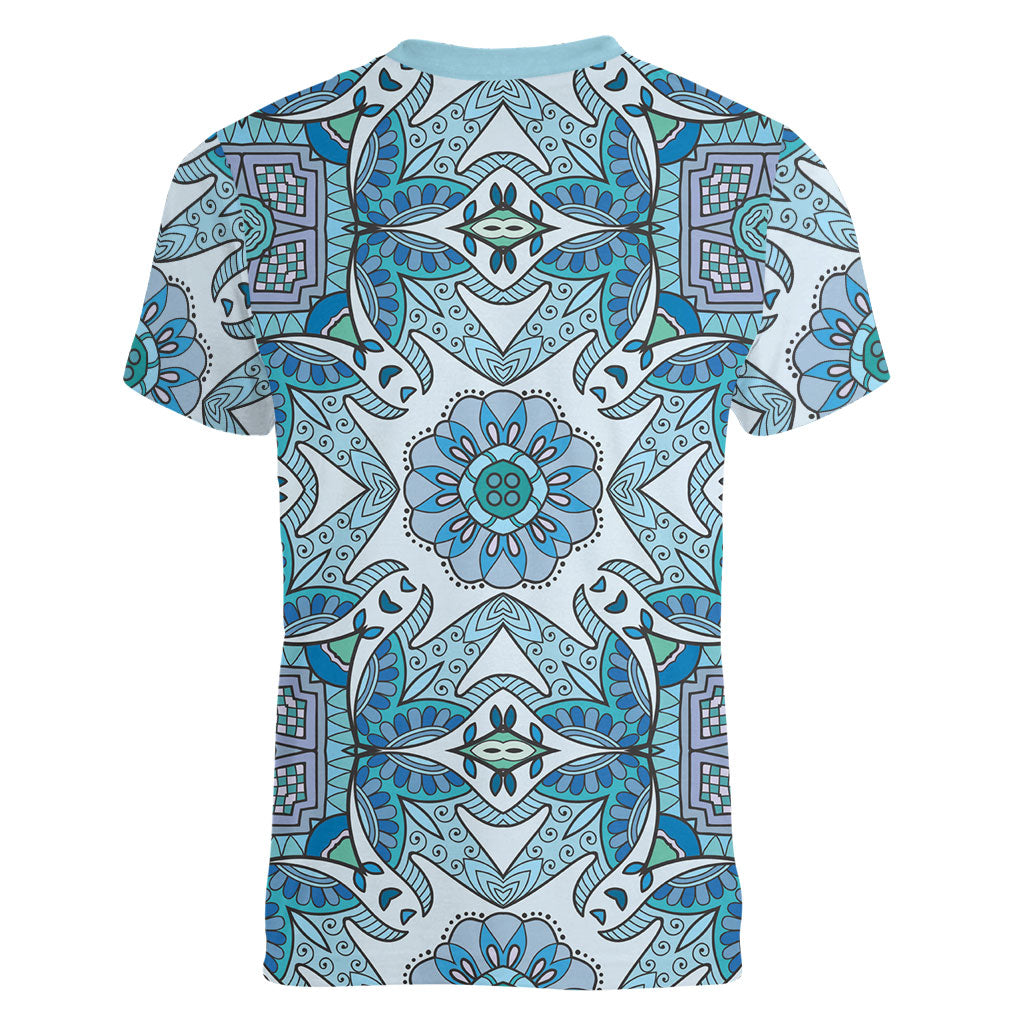 Indian Mandala Pattern Women V-Neck T-Shirt Blue Geometric Floral Mandala