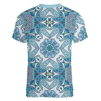 Indian Mandala Pattern Women V-Neck T-Shirt Blue Geometric Floral Mandala