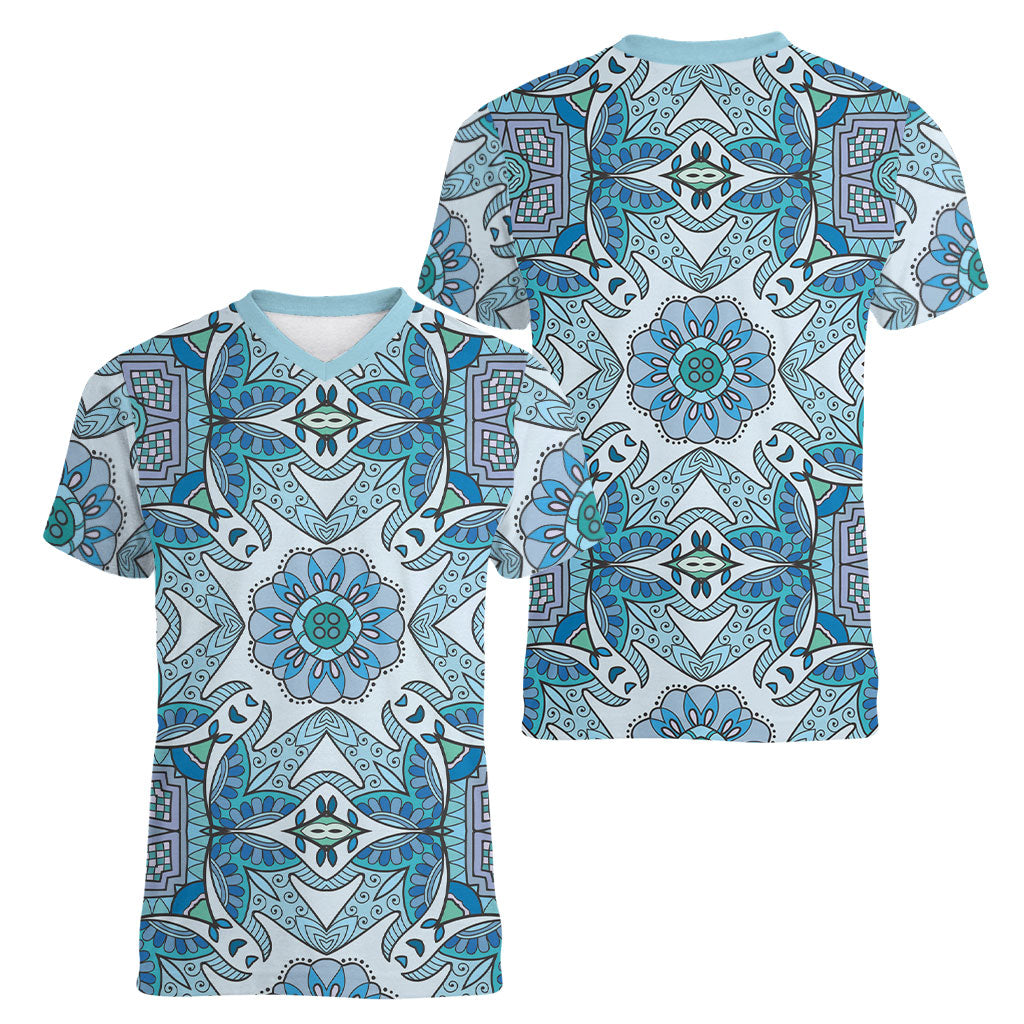Indian Mandala Pattern Women V-Neck T-Shirt Blue Geometric Floral Mandala