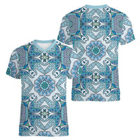 Indian Mandala Pattern Women V-Neck T-Shirt Blue Geometric Floral Mandala