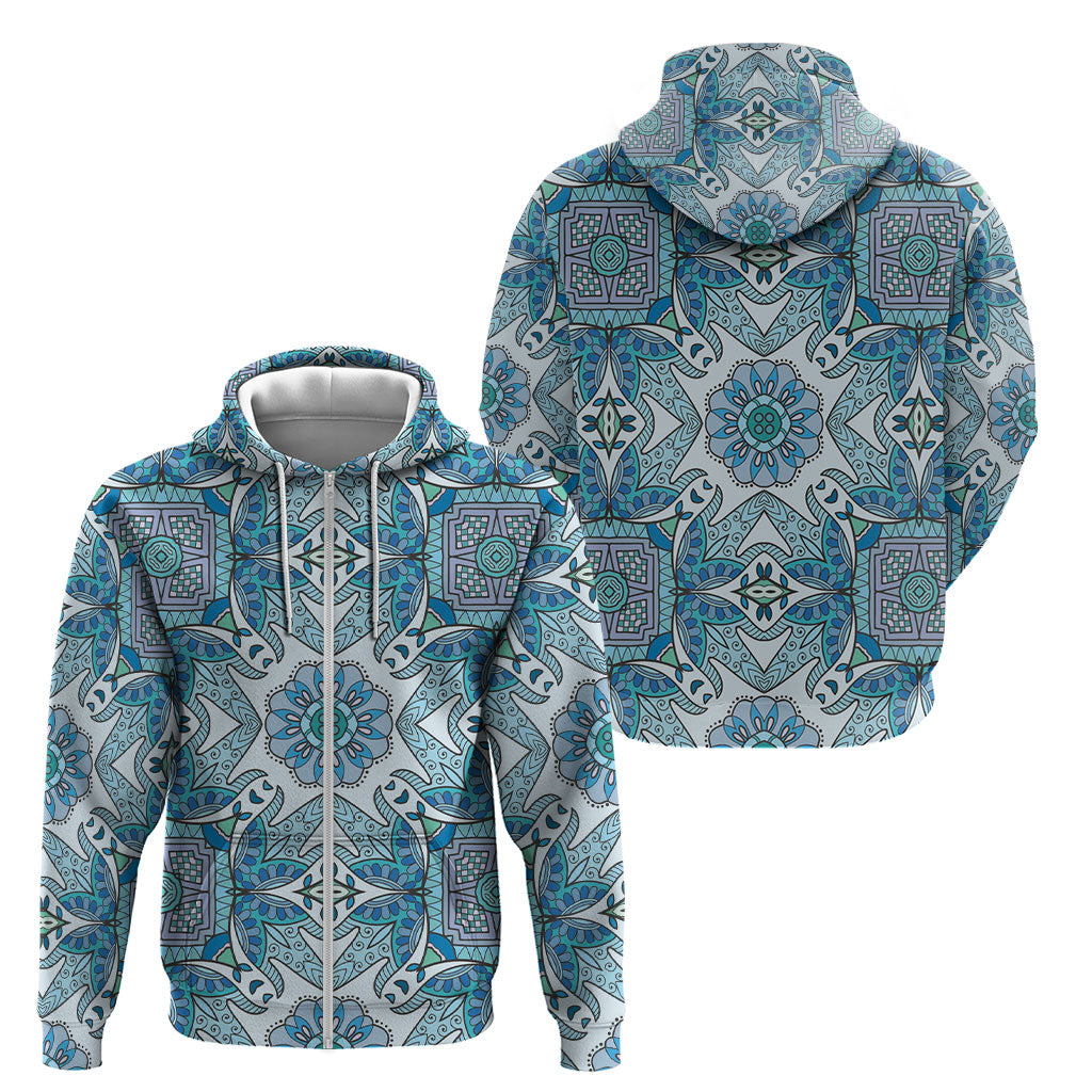 Indian Mandala Pattern Zip Hoodie Blue Geometric Floral Mandala