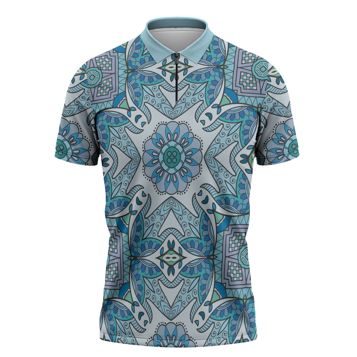 Indian Mandala Pattern Zipper Polo Shirt Blue Geometric Floral Mandala