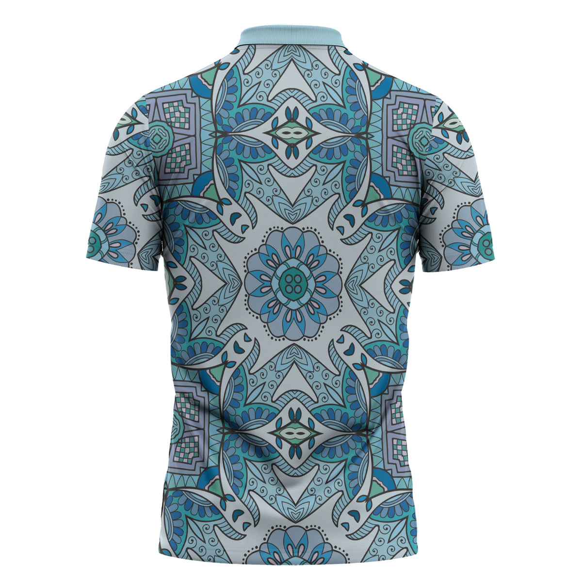 Indian Mandala Pattern Zipper Polo Shirt Blue Geometric Floral Mandala