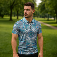 Indian Mandala Pattern Zipper Polo Shirt Blue Geometric Floral Mandala