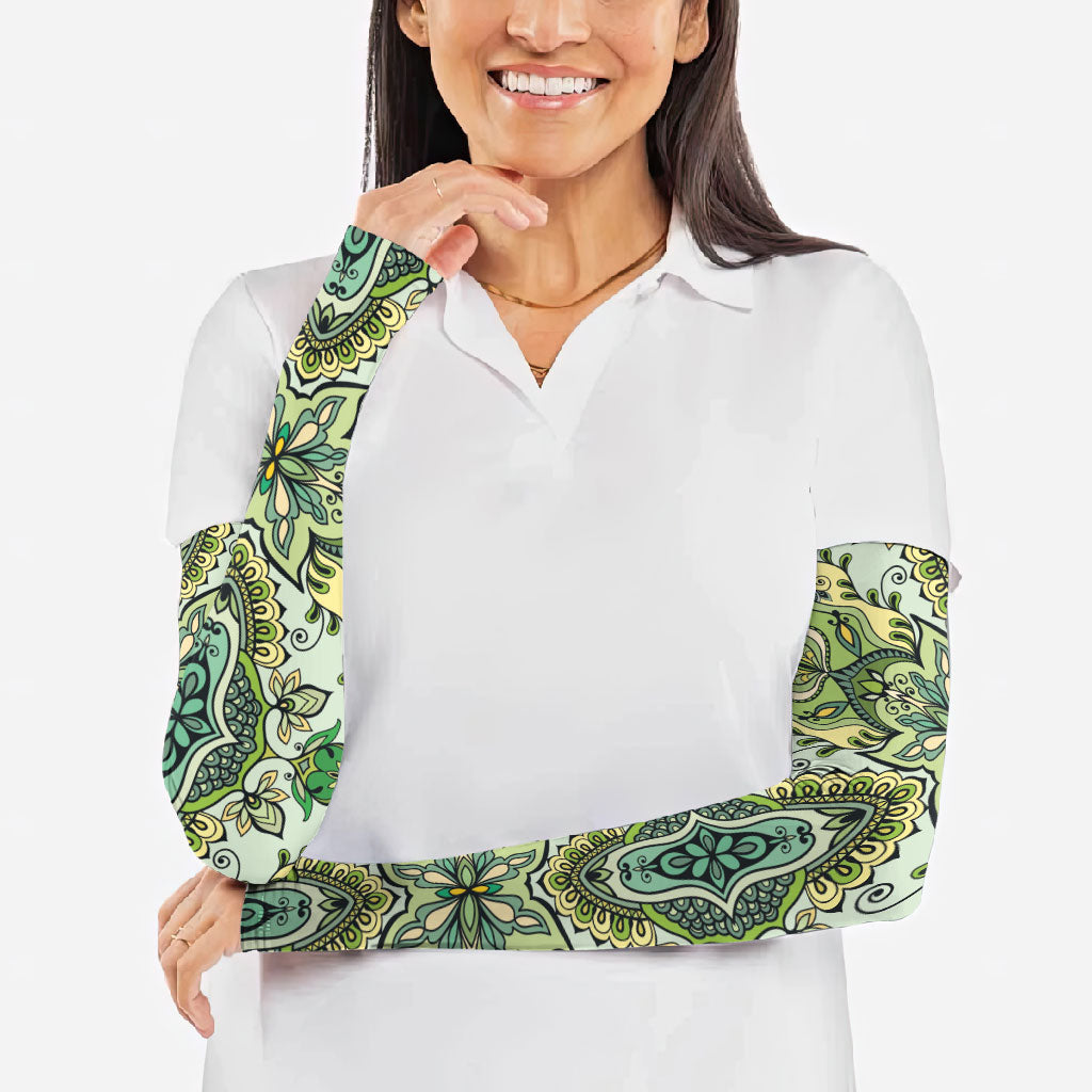 Indian Mandala Pattern Arm Sleeves Green Geometric Floral Mandala