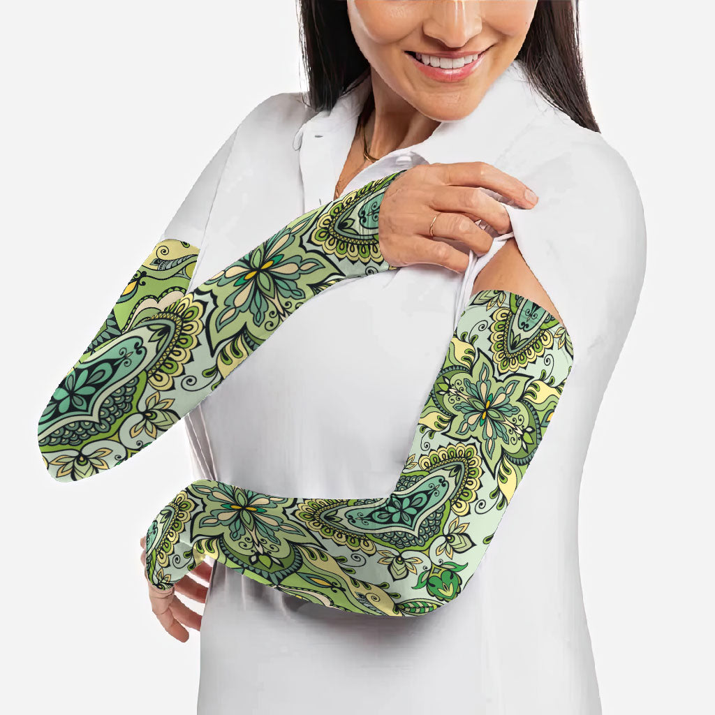 Indian Mandala Pattern Arm Sleeves Green Geometric Floral Mandala