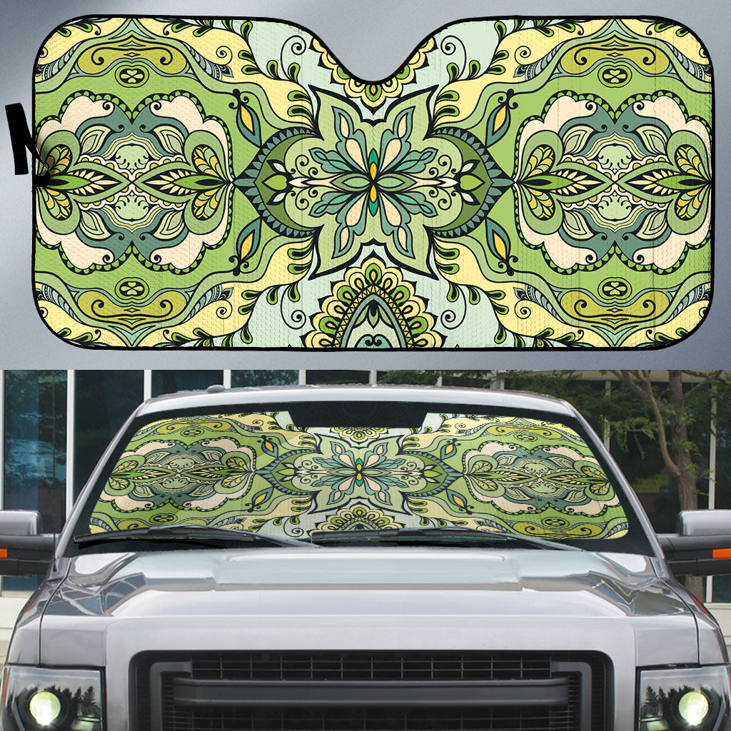Indian Mandala Pattern Auto Sun Shade Green Geometric Floral Mandala