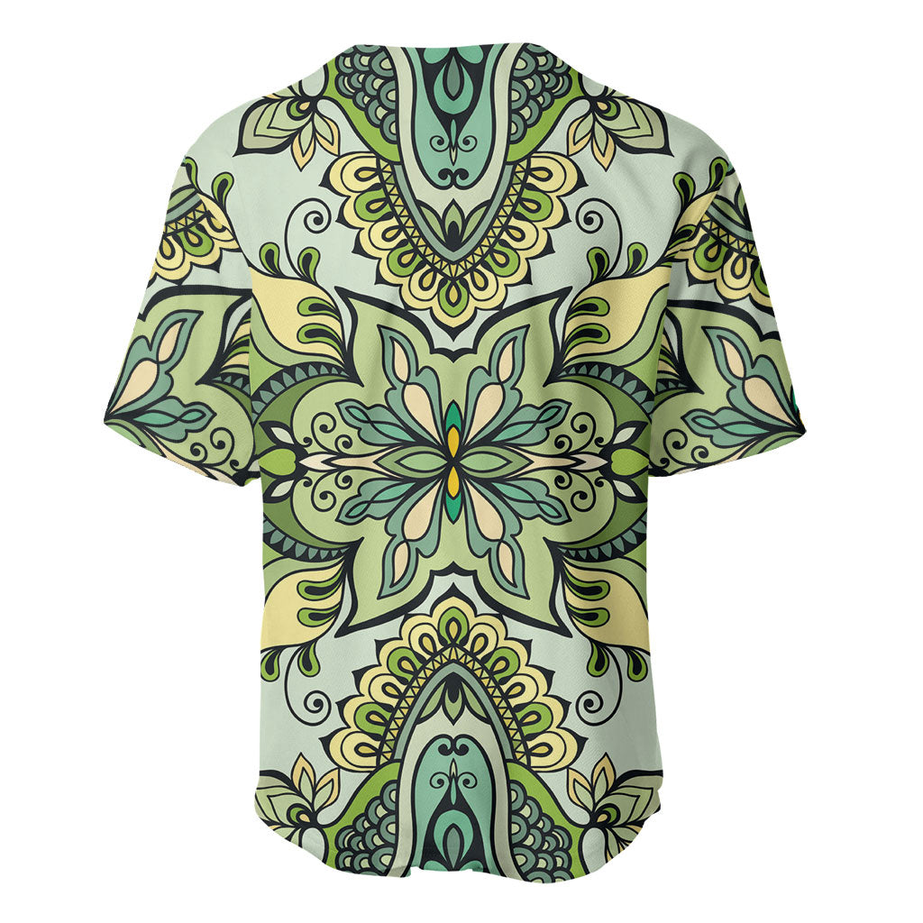 Indian Mandala Pattern Baseball Jersey Green Geometric Floral Mandala