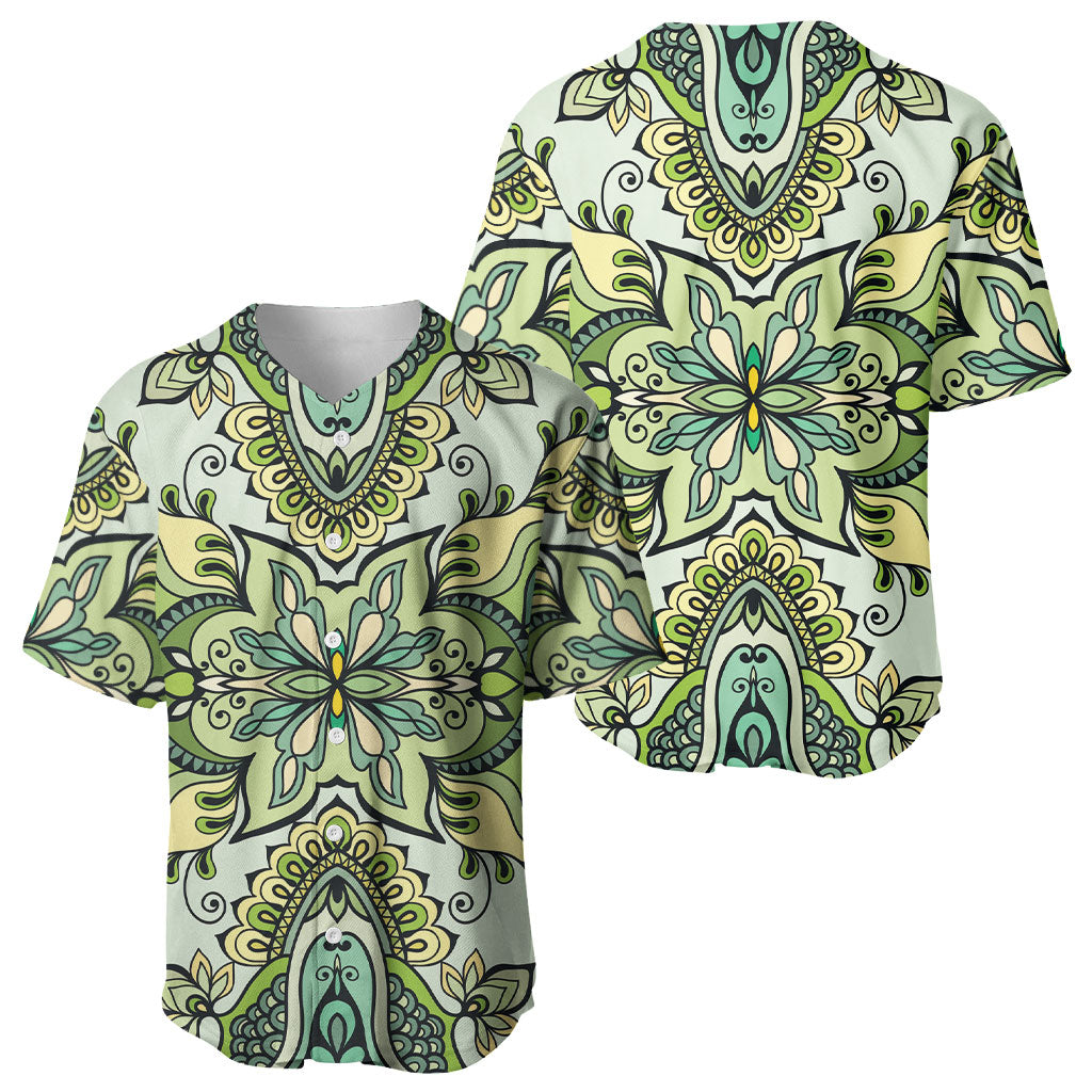 Indian Mandala Pattern Baseball Jersey Green Geometric Floral Mandala