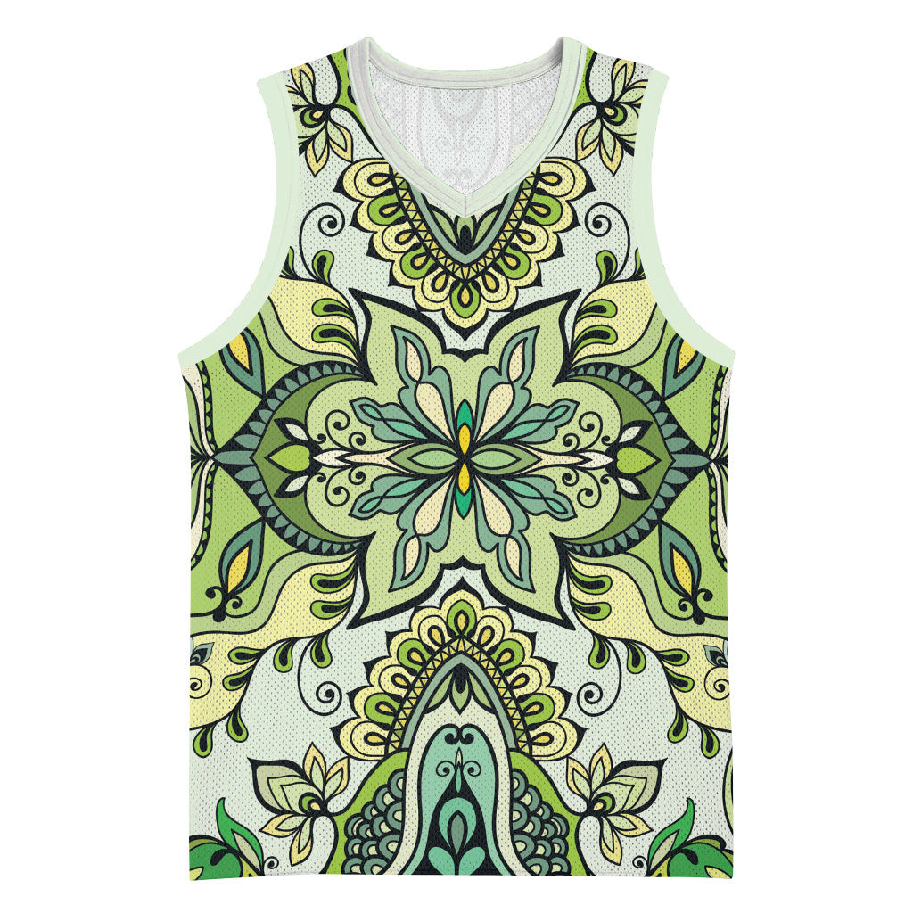 Indian Mandala Pattern Basketball Jersey Green Geometric Floral Mandala