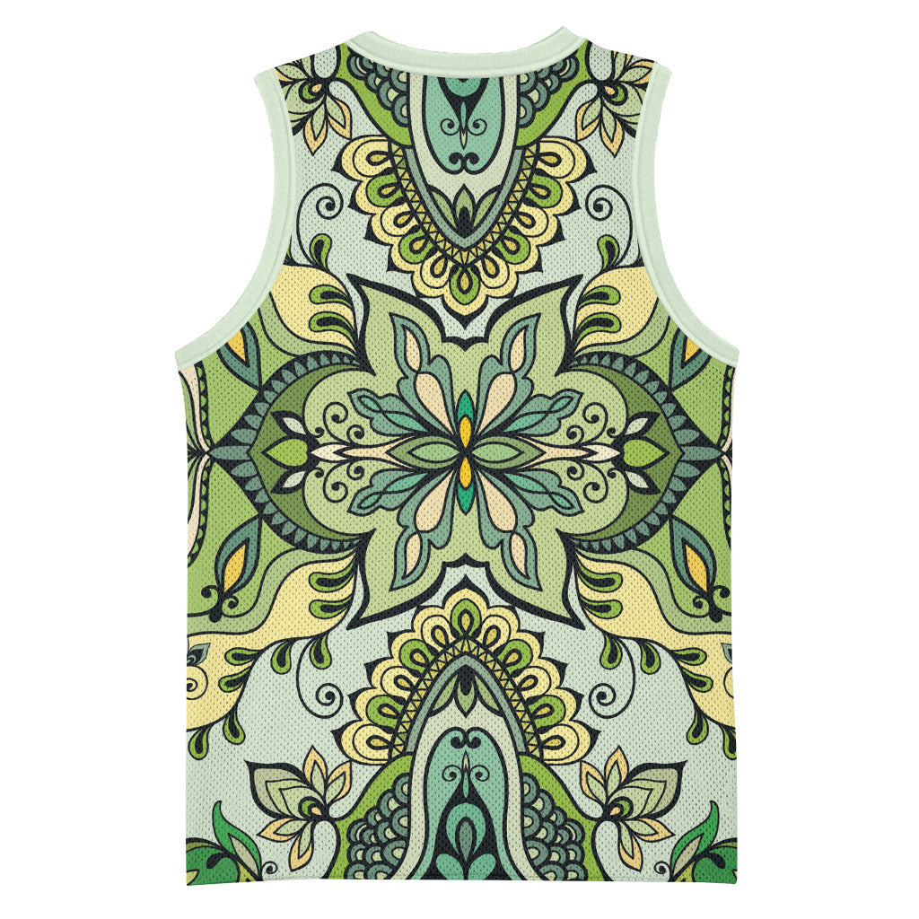 Indian Mandala Pattern Basketball Jersey Green Geometric Floral Mandala