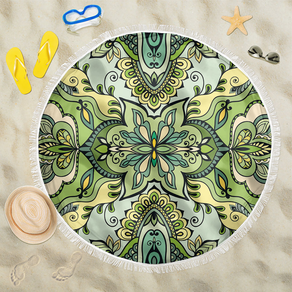 Indian Mandala Pattern Beach Blanket Green Geometric Floral Mandala