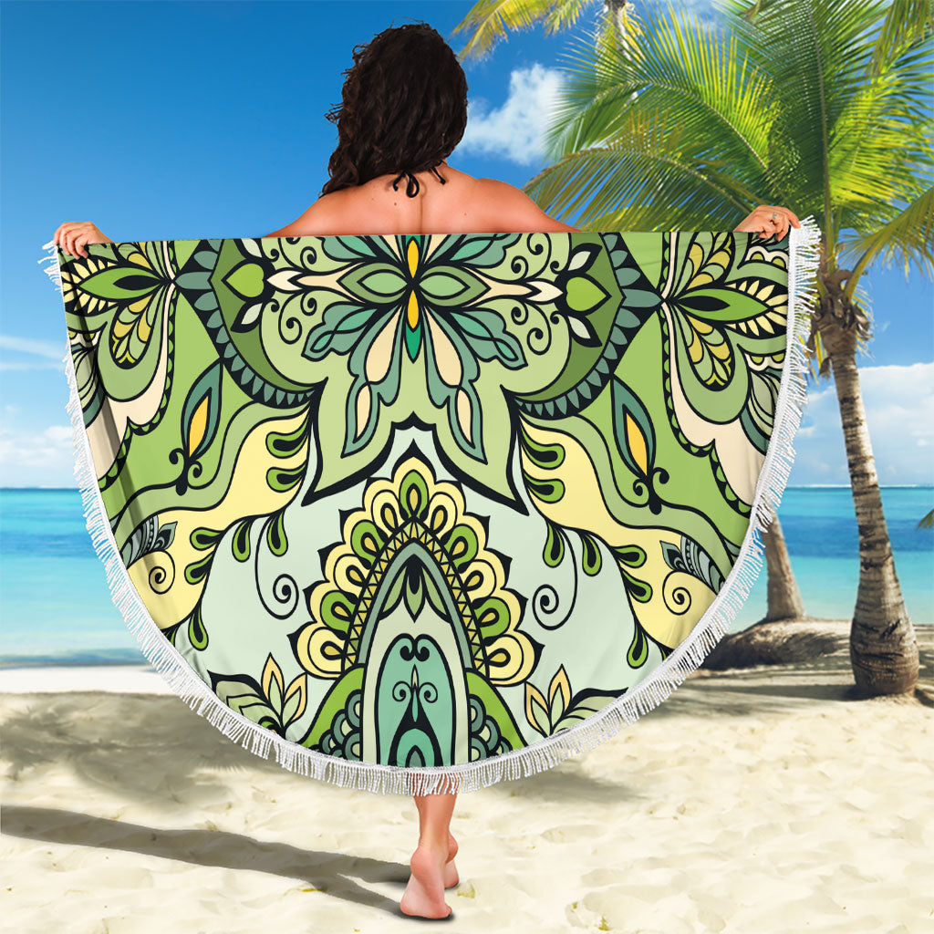 Indian Mandala Pattern Beach Blanket Green Geometric Floral Mandala