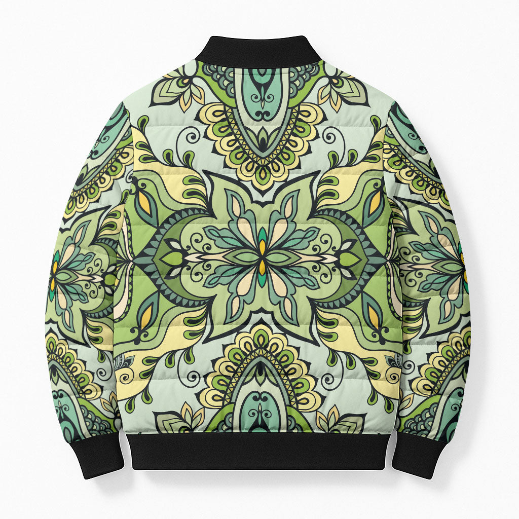 Indian Mandala Pattern Bomber Puffer Jacket Green Geometric Floral Mandala
