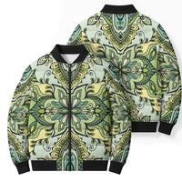 Indian Mandala Pattern Bomber Puffer Jacket Green Geometric Floral Mandala