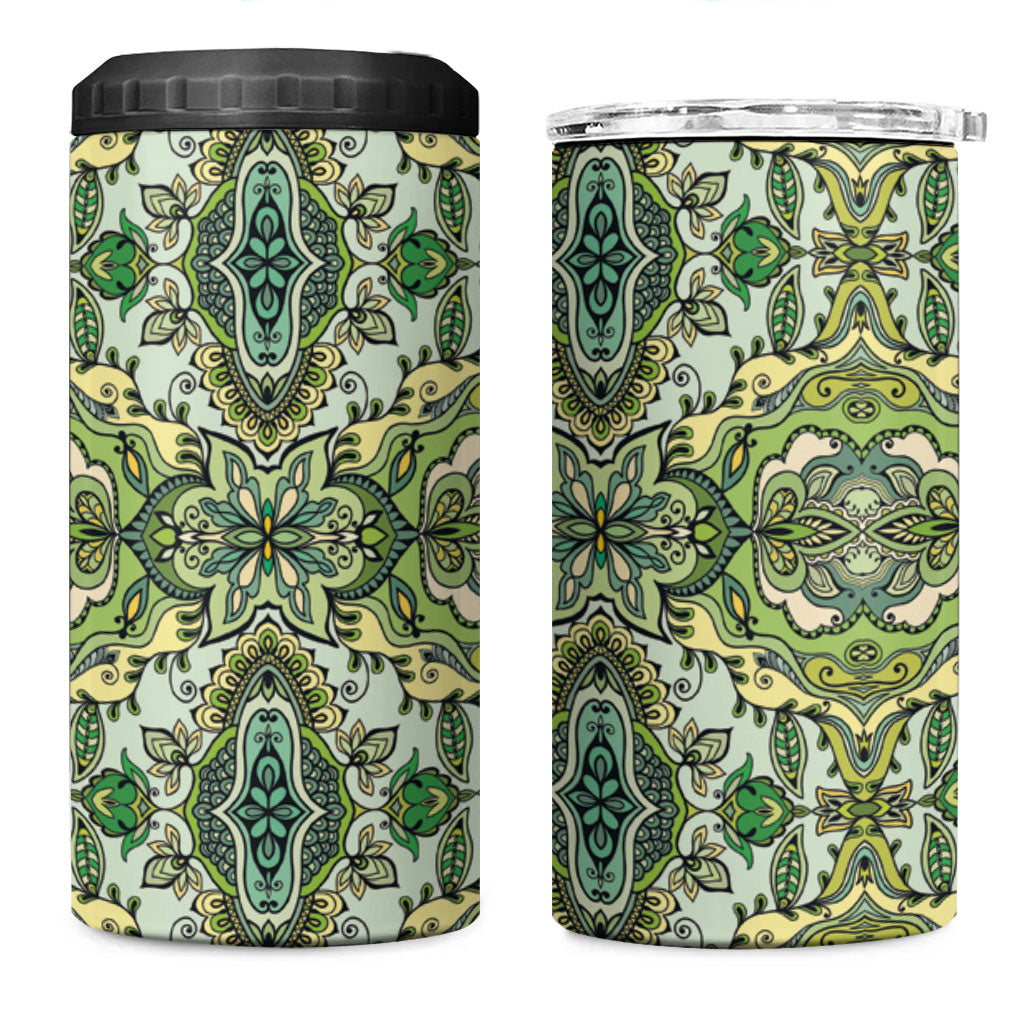 Indian Mandala Pattern 4 in 1 Can Cooler Tumbler Green Geometric Floral Mandala