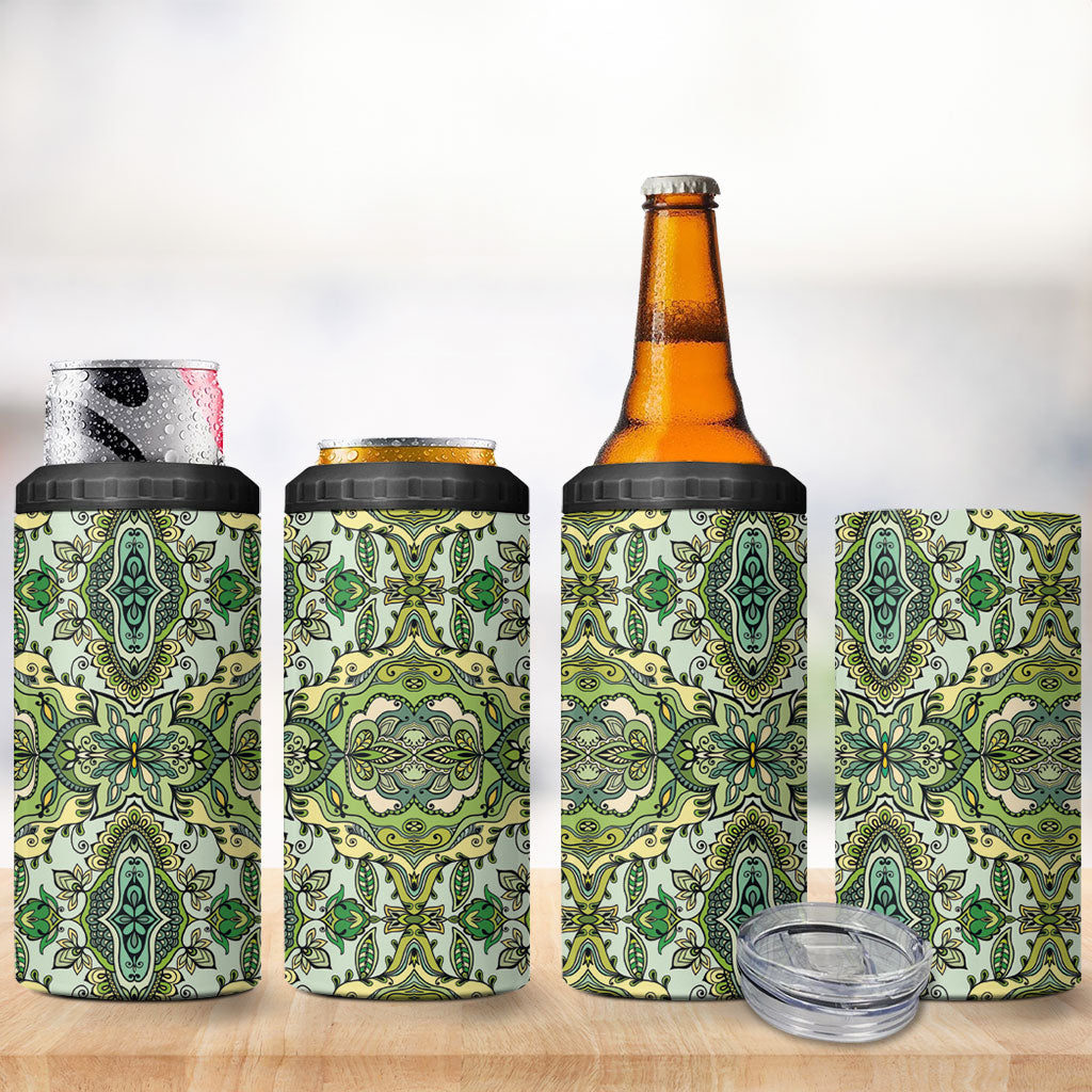 Indian Mandala Pattern 4 in 1 Can Cooler Tumbler Green Geometric Floral Mandala