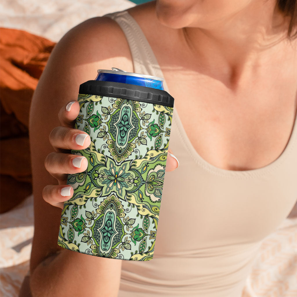 Indian Mandala Pattern 4 in 1 Can Cooler Tumbler Green Geometric Floral Mandala