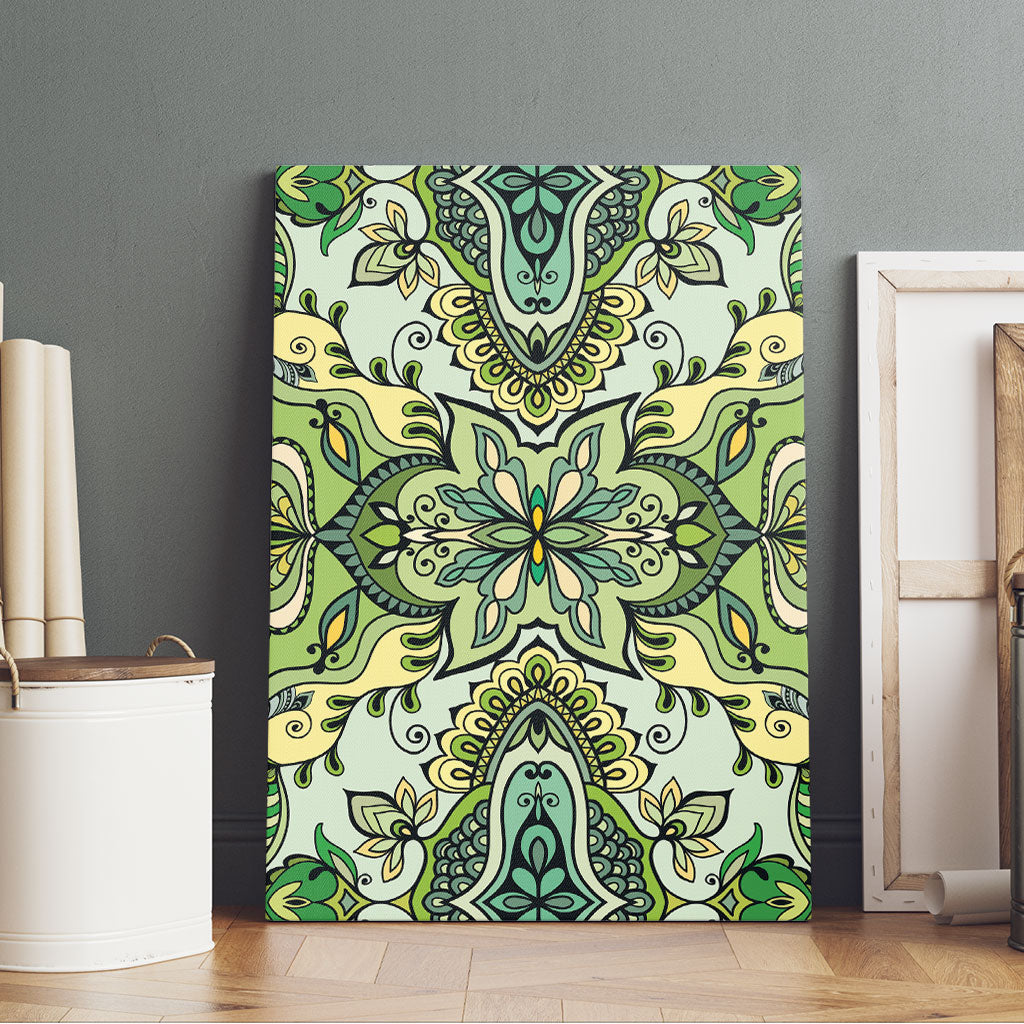 Indian Mandala Pattern Canvas Wall Art Green Geometric Floral Mandala