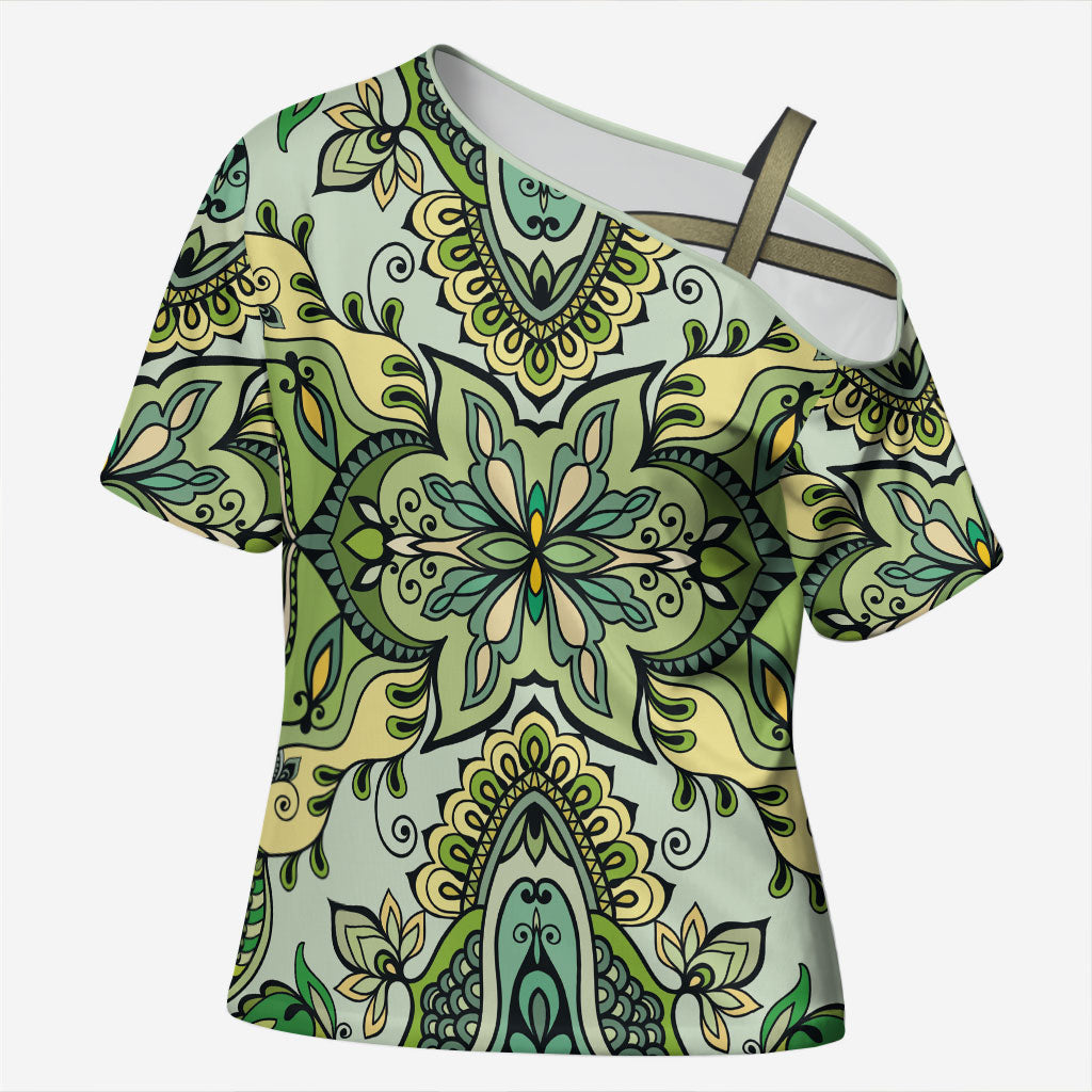 Indian Mandala Pattern Cross Shoulder Shirt Green Geometric Floral Mandala