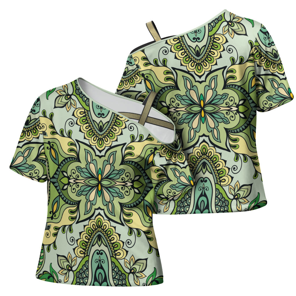 Indian Mandala Pattern Cross Shoulder Shirt Green Geometric Floral Mandala