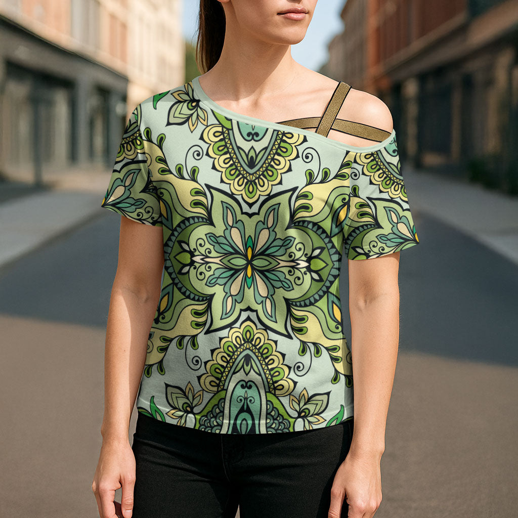 Indian Mandala Pattern Cross Shoulder Shirt Green Geometric Floral Mandala
