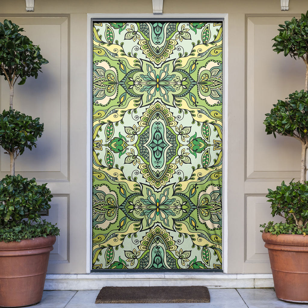Indian Mandala Pattern Door Cover Green Geometric Floral Mandala