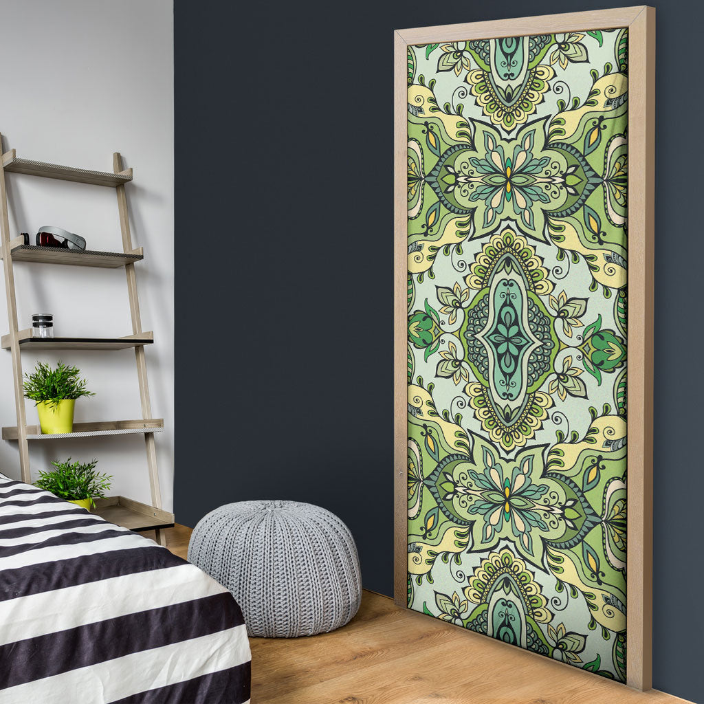 Indian Mandala Pattern Door Cover Green Geometric Floral Mandala