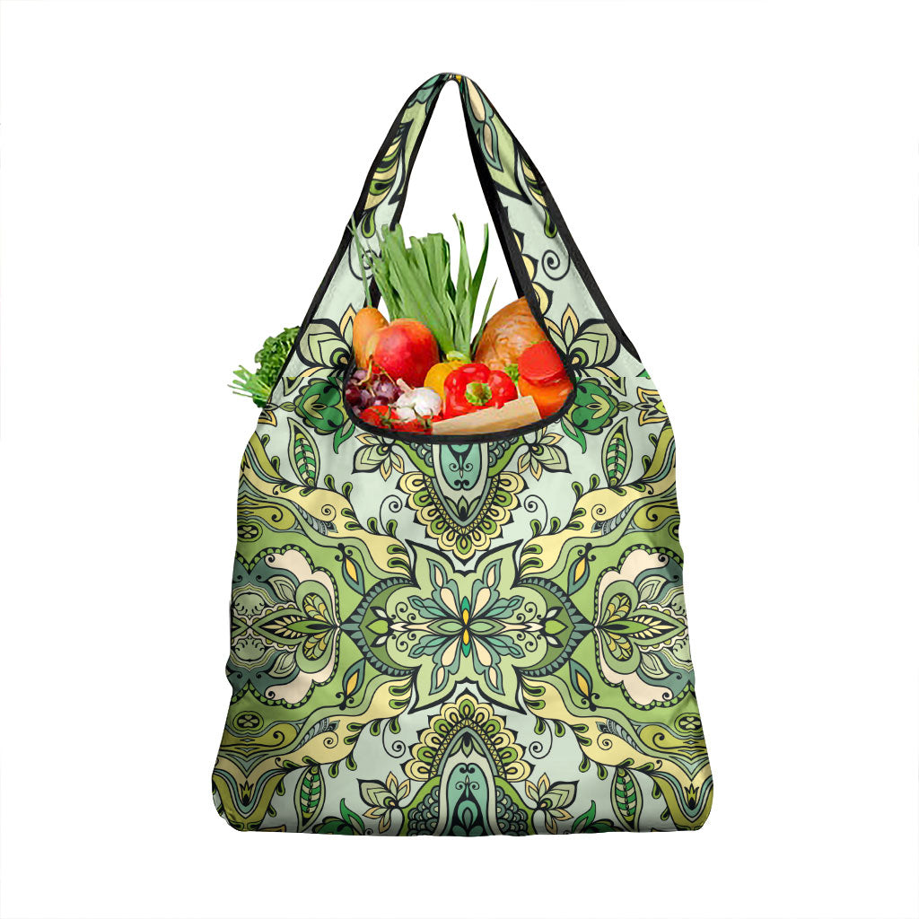 Indian Mandala Pattern Grocery Bag Green Geometric Floral Mandala