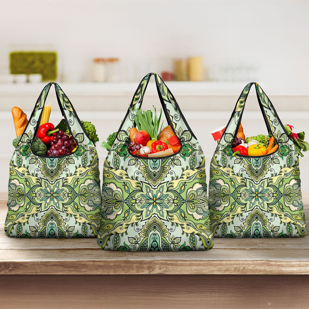 Indian Mandala Pattern Grocery Bag Green Geometric Floral Mandala