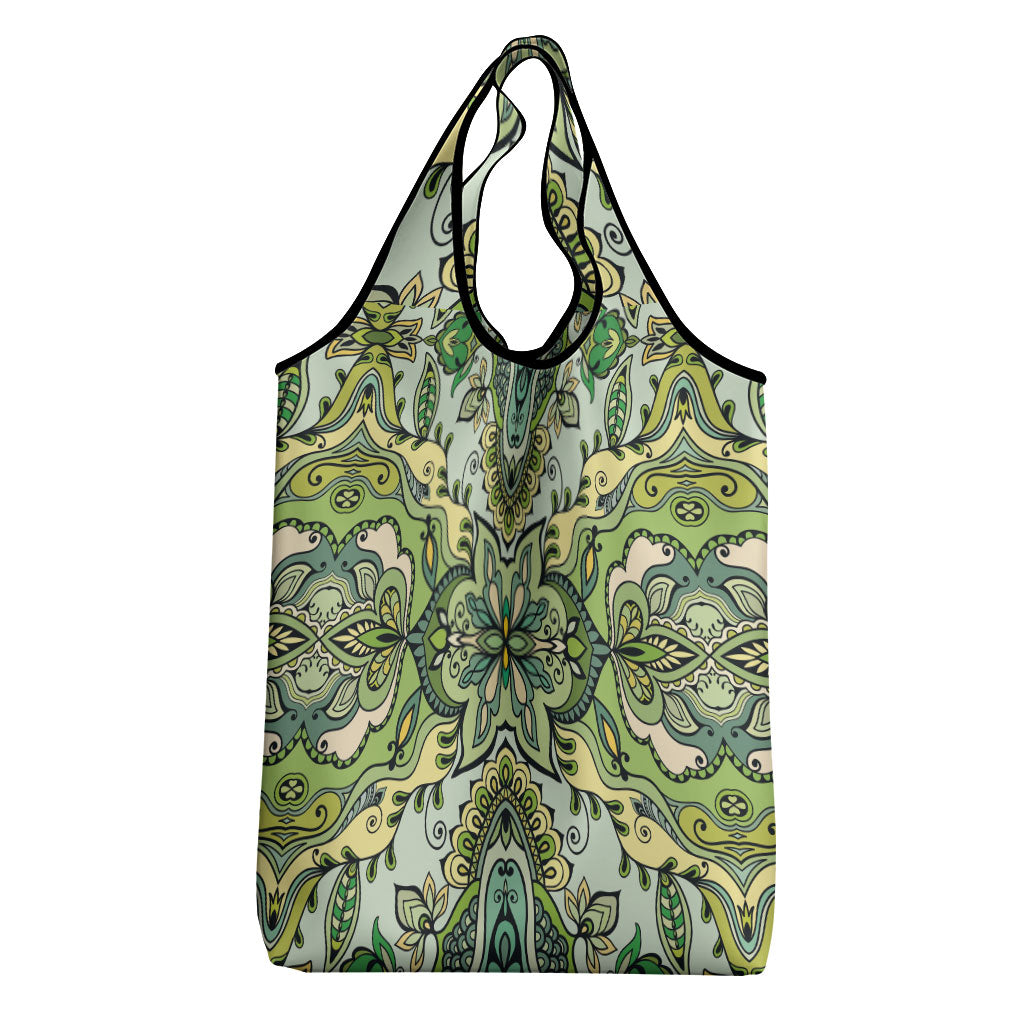 Indian Mandala Pattern Grocery Bag Green Geometric Floral Mandala