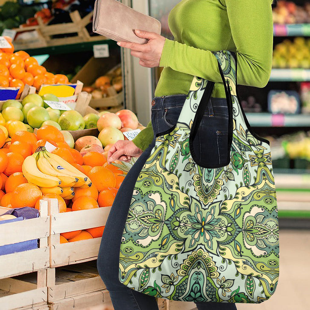 Indian Mandala Pattern Grocery Bag Green Geometric Floral Mandala