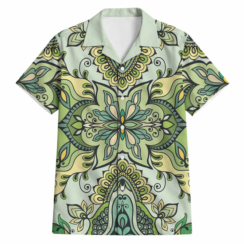 Indian Mandala Pattern Hawaiian Shirt Green Geometric Floral Mandala