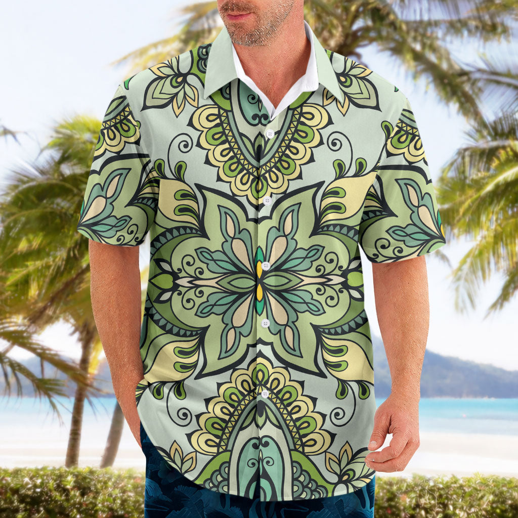 Indian Mandala Pattern Hawaiian Shirt Green Geometric Floral Mandala