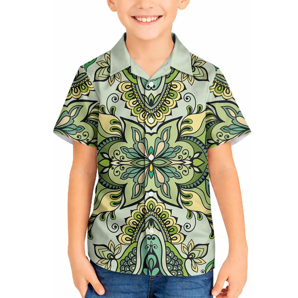 Indian Mandala Pattern Hawaiian Shirt Green Geometric Floral Mandala
