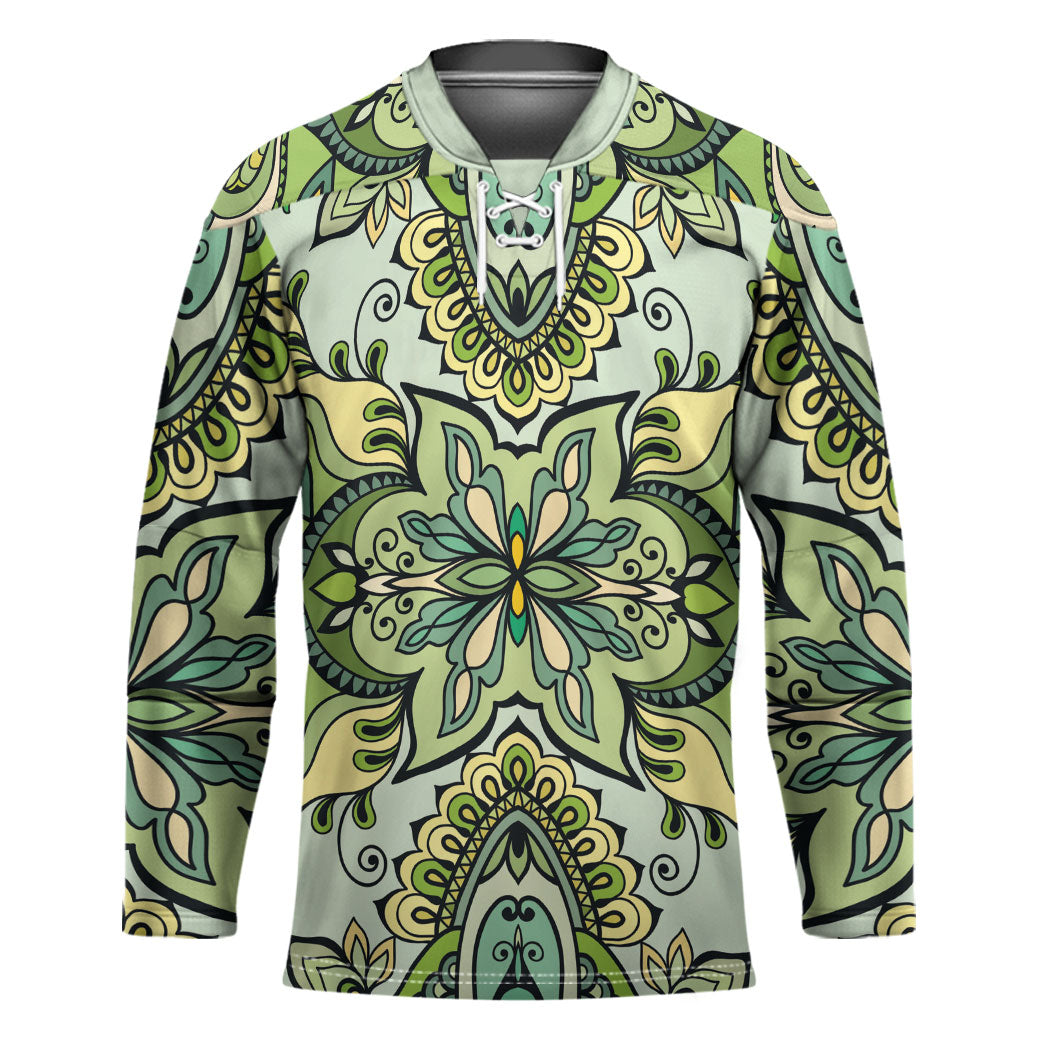 Indian Mandala Pattern Hockey Jersey Green Geometric Floral Mandala
