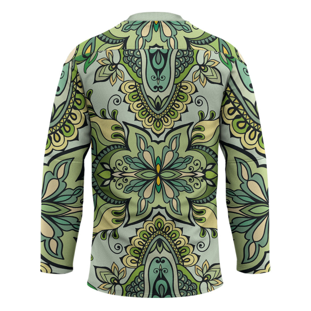 Indian Mandala Pattern Hockey Jersey Green Geometric Floral Mandala