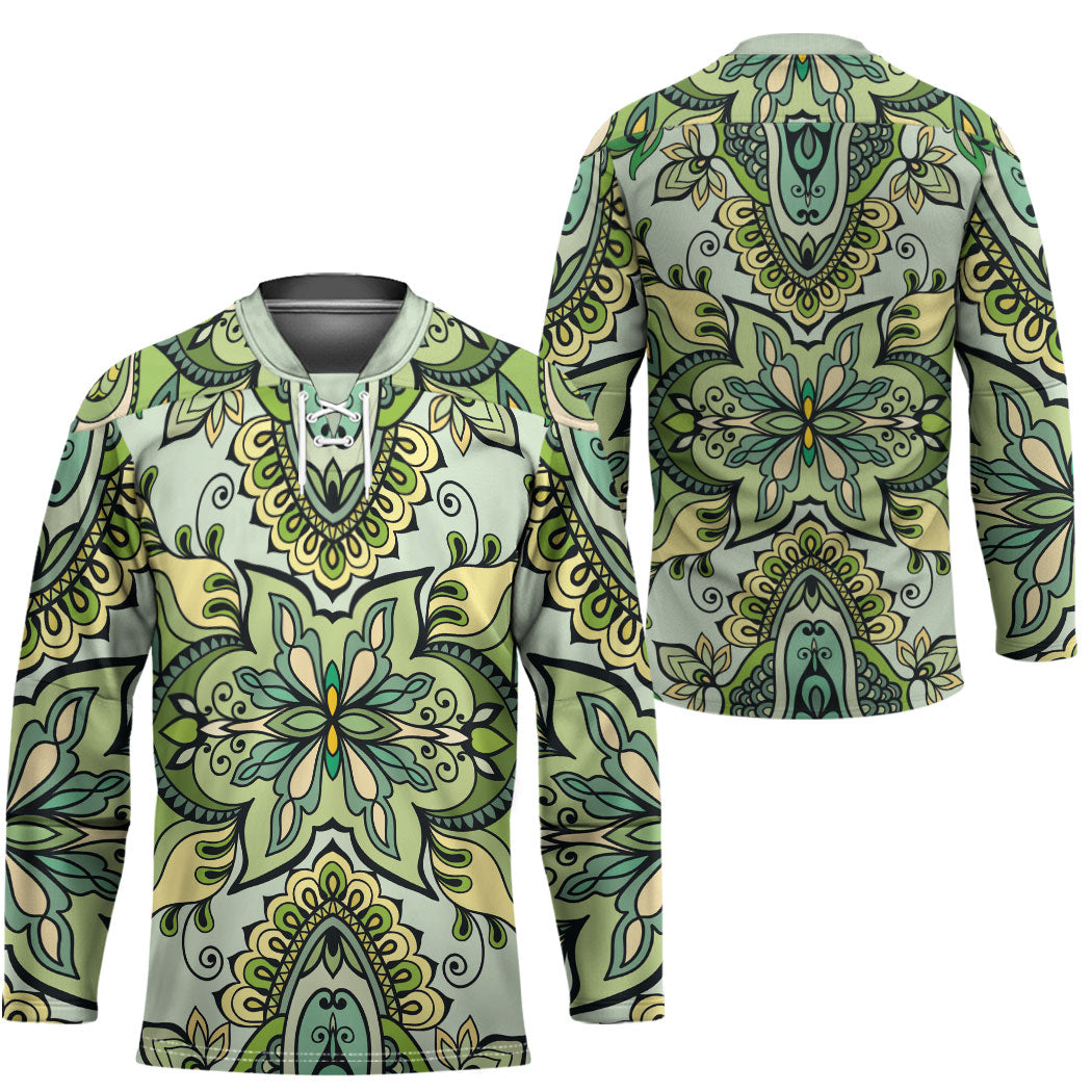 Indian Mandala Pattern Hockey Jersey Green Geometric Floral Mandala