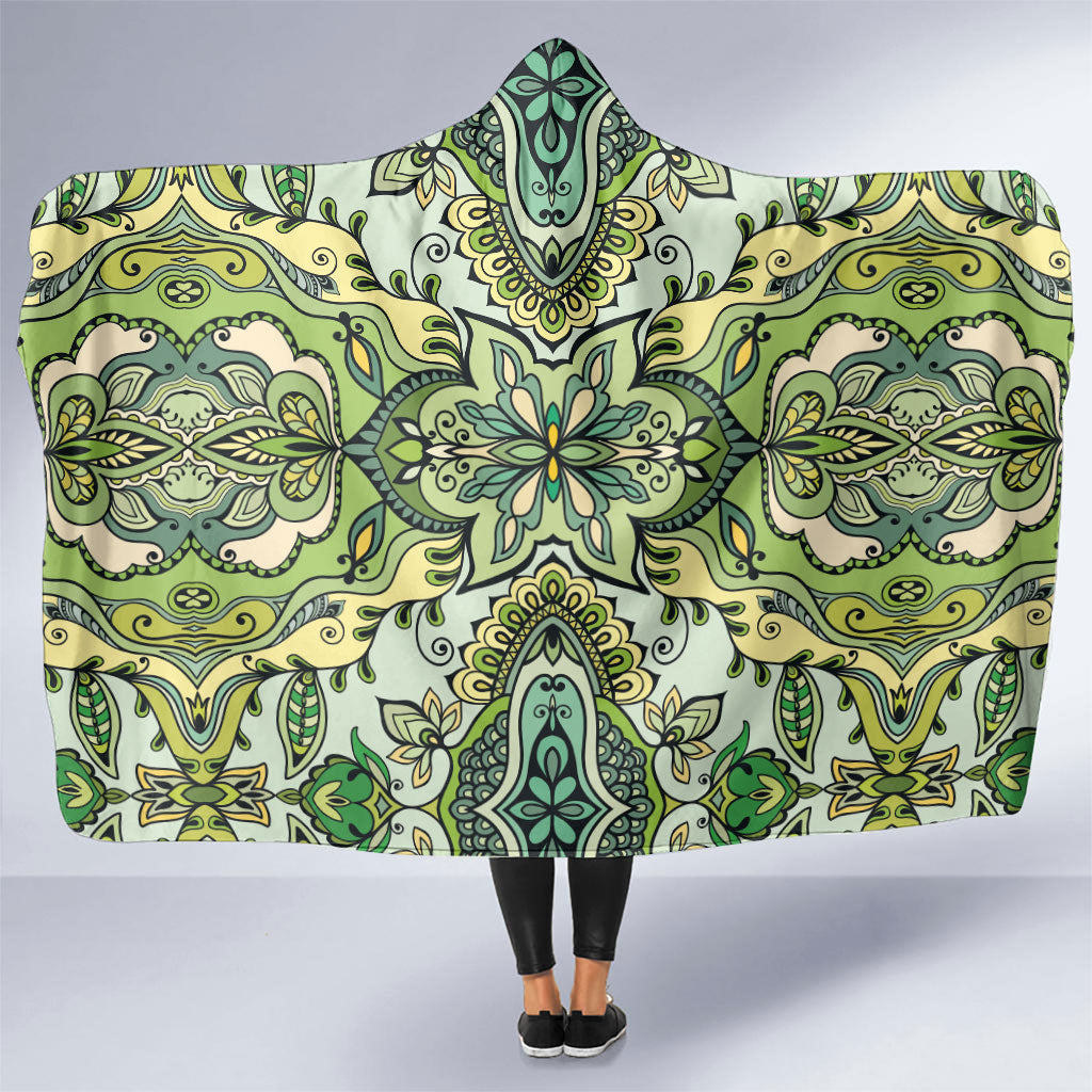 Indian Mandala Pattern Hooded Blanket Green Geometric Floral Mandala