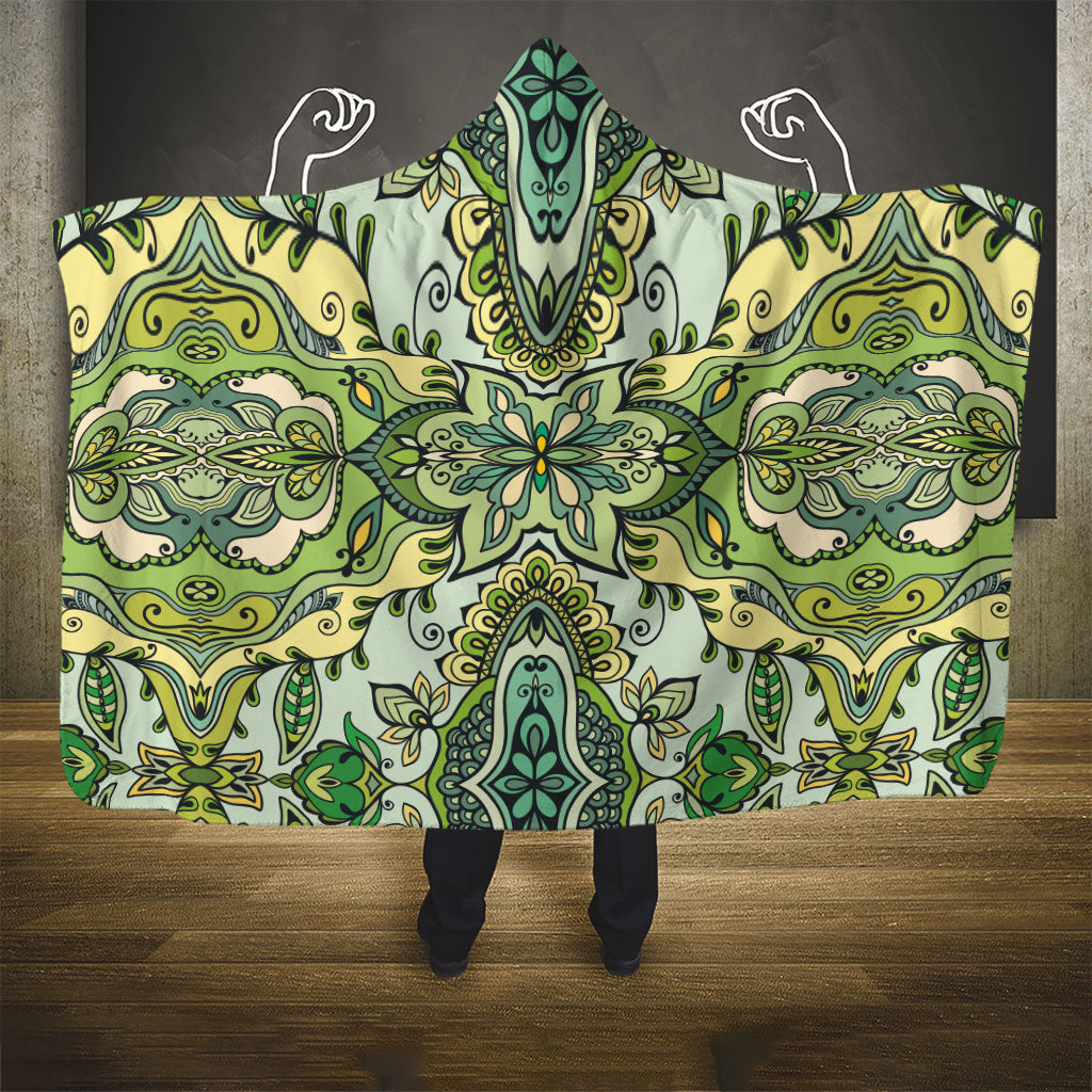 Indian Mandala Pattern Hooded Blanket Green Geometric Floral Mandala