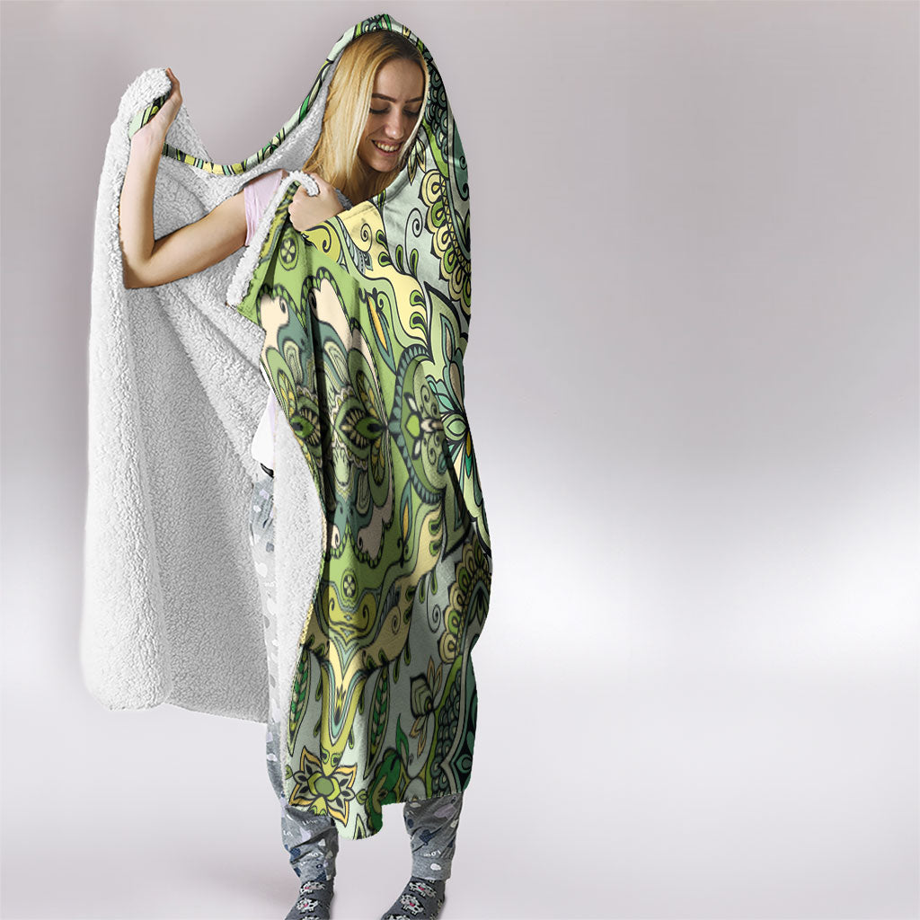 Indian Mandala Pattern Hooded Blanket Green Geometric Floral Mandala