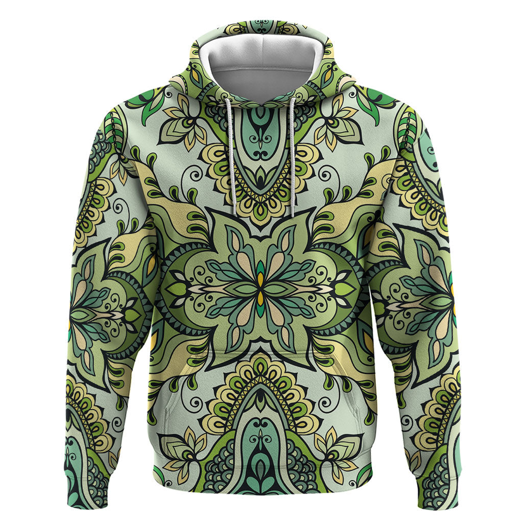 Indian Mandala Pattern Hoodie Green Geometric Floral Mandala
