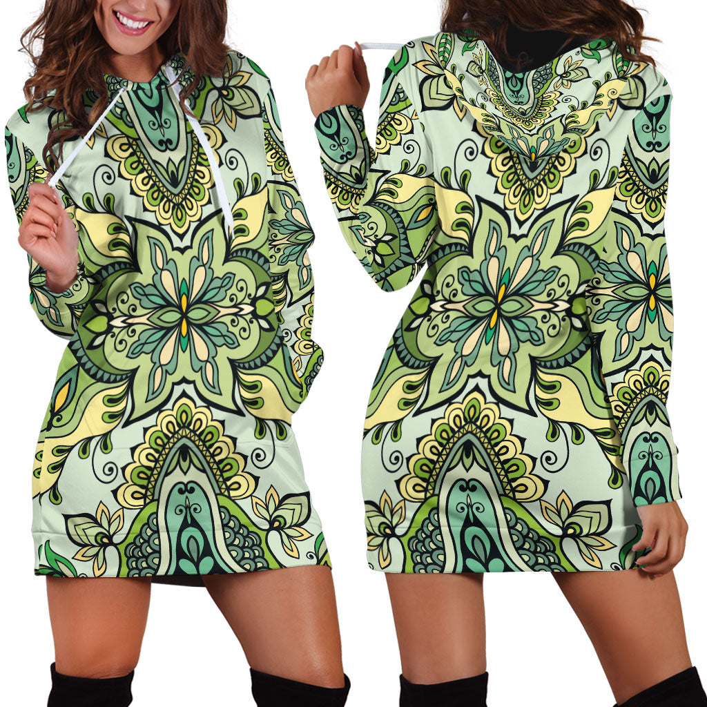 Indian Mandala Pattern Hoodie Dress Green Geometric Floral Mandala