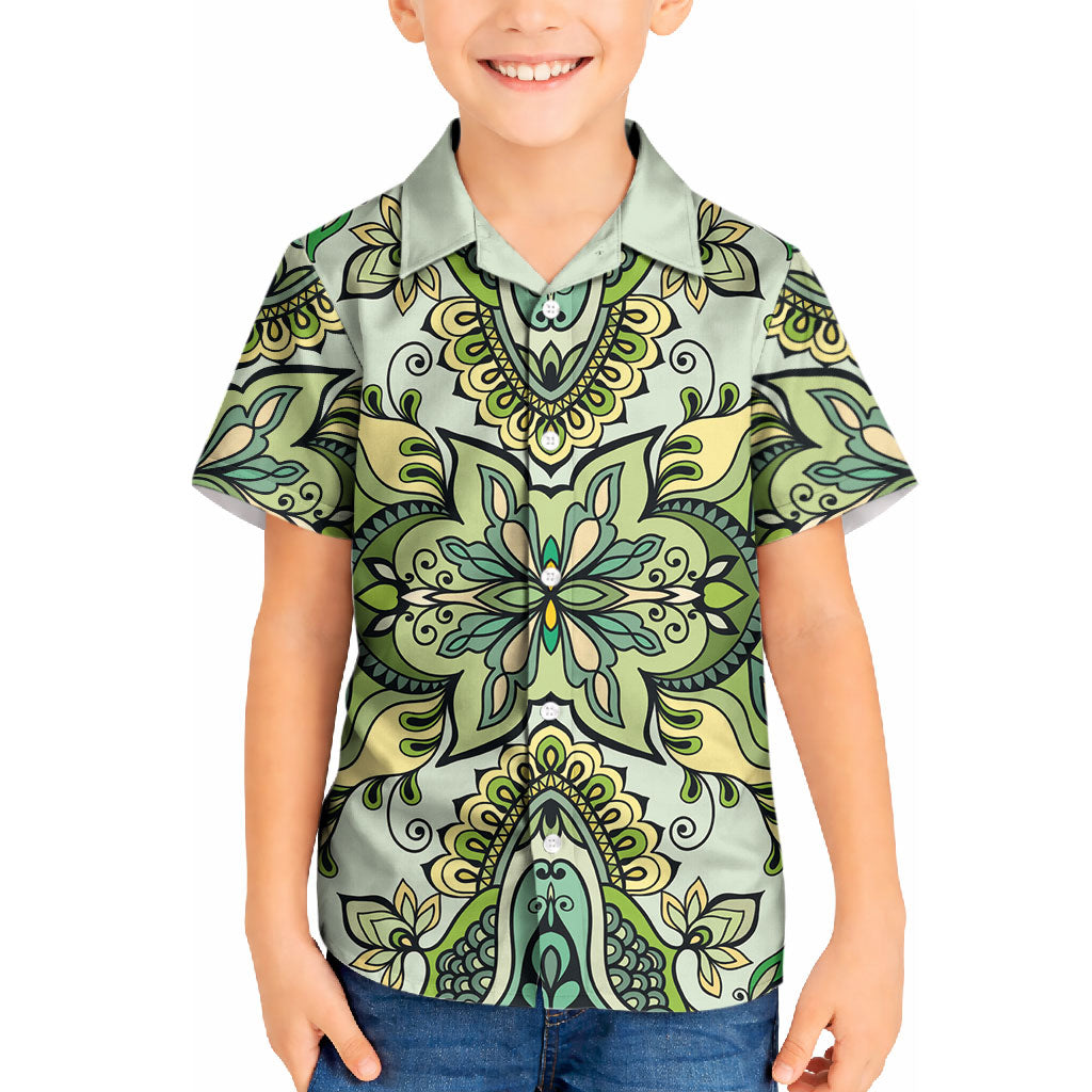 Indian Mandala Pattern Kid Hawaiian Shirt Green Geometric Floral Mandala