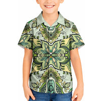 Indian Mandala Pattern Kid Hawaiian Shirt Green Geometric Floral Mandala
