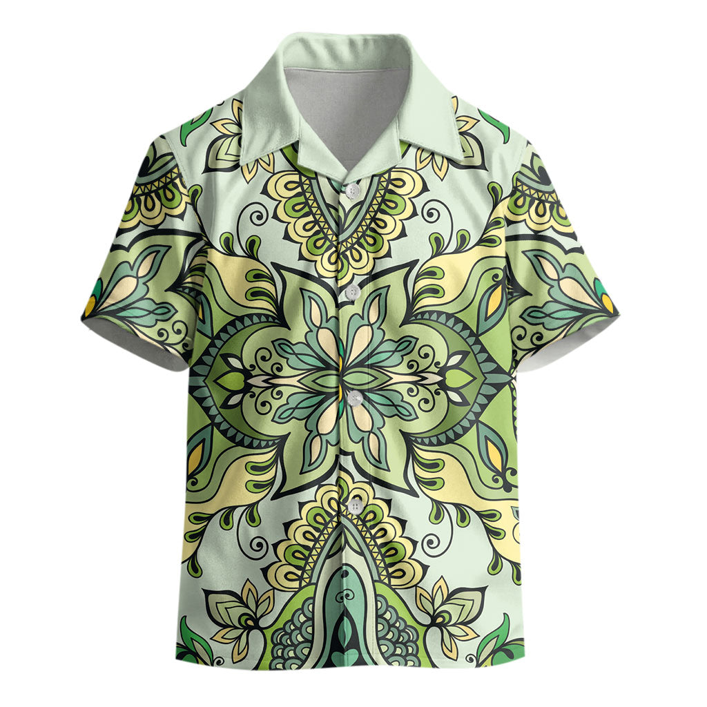 Indian Mandala Pattern Kid Hawaiian Shirt Green Geometric Floral Mandala