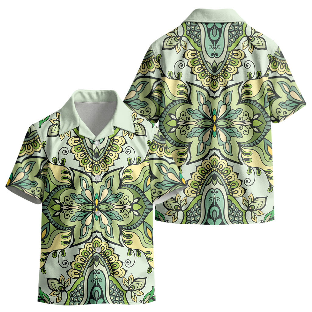 Indian Mandala Pattern Kid Hawaiian Shirt Green Geometric Floral Mandala