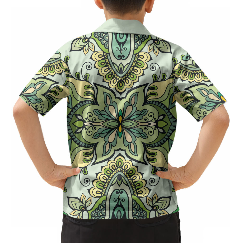 Indian Mandala Pattern Kid Hawaiian Shirt Green Geometric Floral Mandala