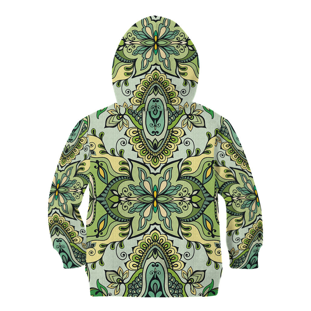 Indian Mandala Pattern Kid Hoodie Green Geometric Floral Mandala